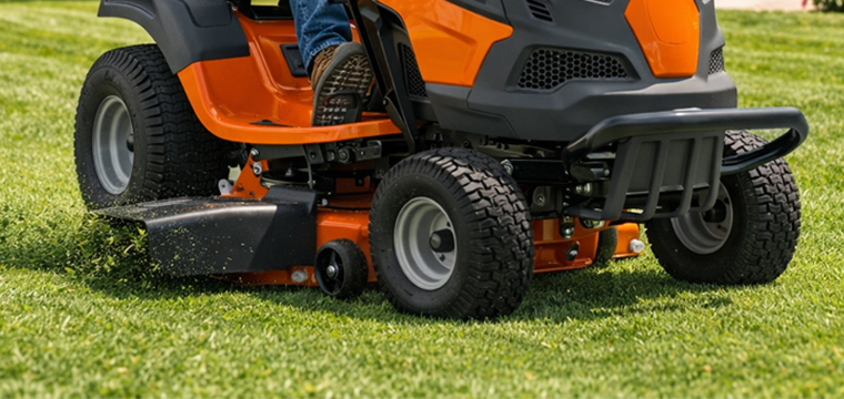 Riding mower cutting grass