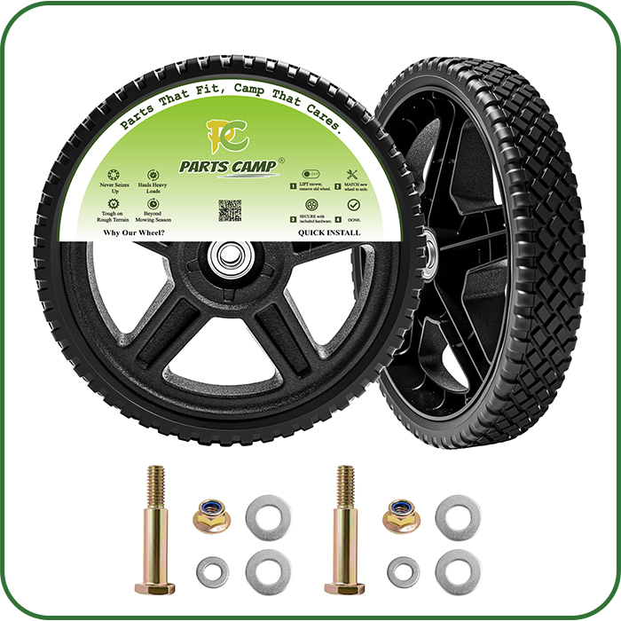 Black replacement lawn mower wheels and mounting hardware